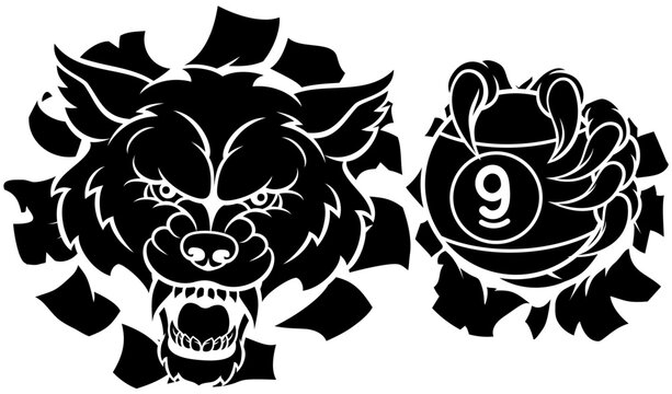 Wolf nine ball pool billiards sports mascot holding a 9 ball cartoon illustration