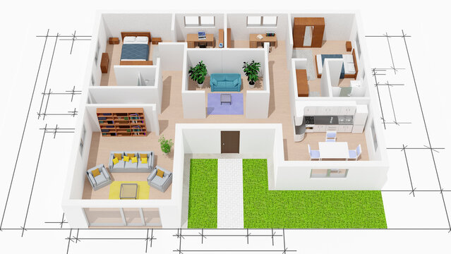 Progetto di costruzione e ristrutturazione di casa. Architettura, disposizione e configurazione delle stanze e dell'arredamento di moderna abitazione. Disegno e progetto spazio abitativo.