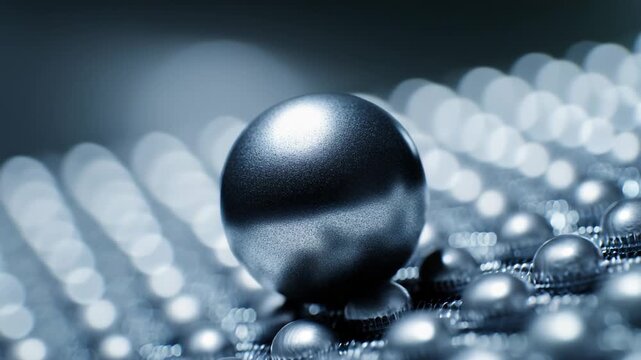 Large reflective chrome sphere rises from a precise matrix of smaller metallic beads, symbolizing leadership, individuality and innovation within a structured, futuristic network