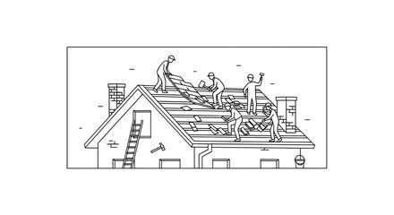 Fototapeta premium Roof Repair: Construction Workers Replacing Old Shingles on a House