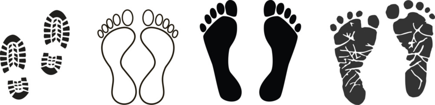 Human walking footprints and shoe sole marks vector set. kids footsteps trail icons for path and print design eps.Baby footprint icon in editable style. Vector icon graphics.Human foot  icon.