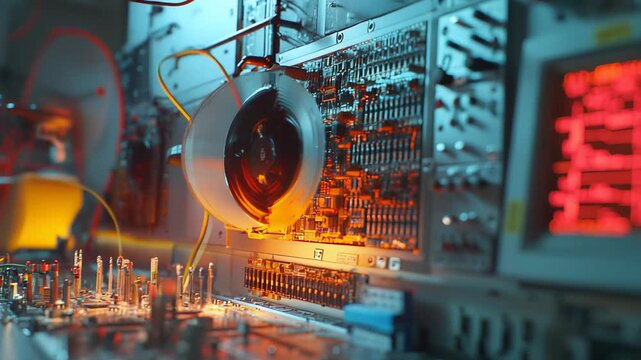 Complex circuit boards and components wired to a bright red data display in a high tech laboratory, conveying advanced electronics, r and d, computing and integrated system hardware