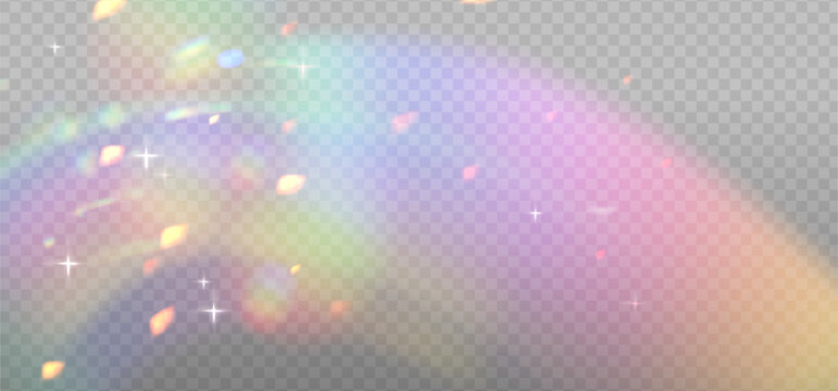 Crystal prism reflects rainbow neon light through diamond glass sparkle. PNG vector lens flare captures glitter, glare, and holographic effect. Light refractions add magical spectrum depth