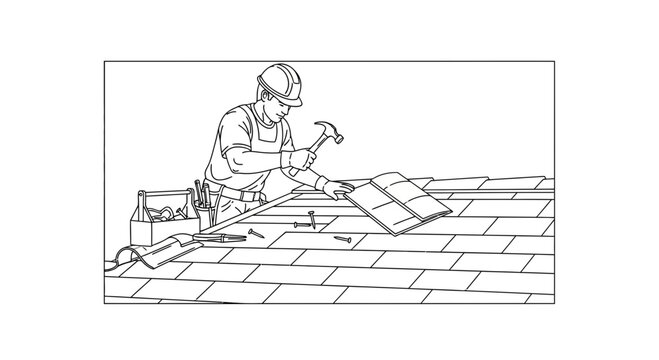 Roofer installing shingles on a house roof with tools and safety helmet