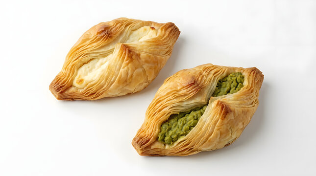 Authentic Maltese Pastizzi pastries with flaky crust and ricotta pea filling, isolated on white background