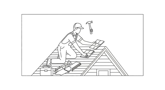 Roofer installing shingles on a house roof with tools and toolbox nearby