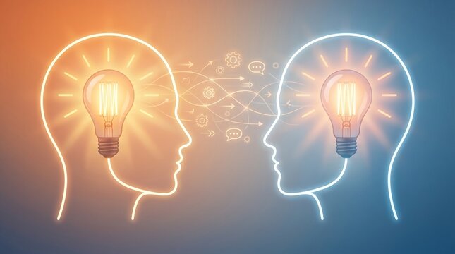 Two outlined heads facing each other, each with glowing light bulbs inside, connected by lines and icons symbolizing communication, ideas, and knowledge exchange.