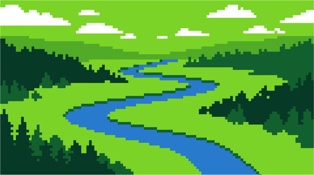 Pixel art landscape illustration featuring winding blue river and green hills