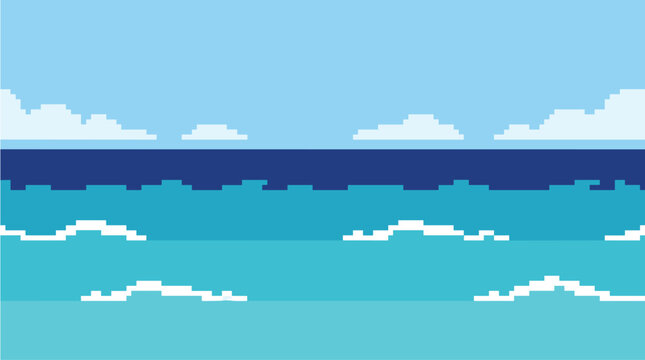 Pixel art ocean landscape with clouds vector illustration