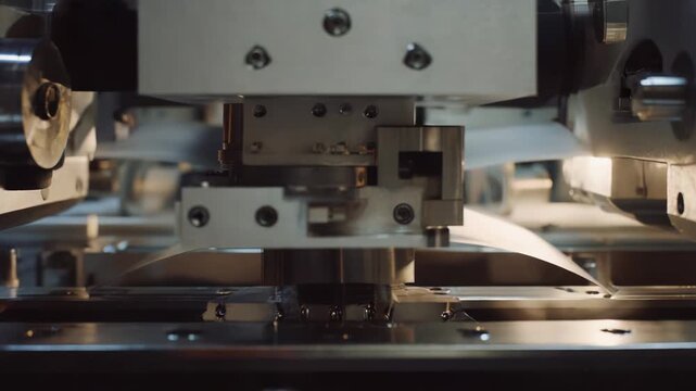 Industrial machine mechanism actively processing a continuous sheet of material, highlighting precision engineering and advanced technology used in modern manufacturing and production efficiency