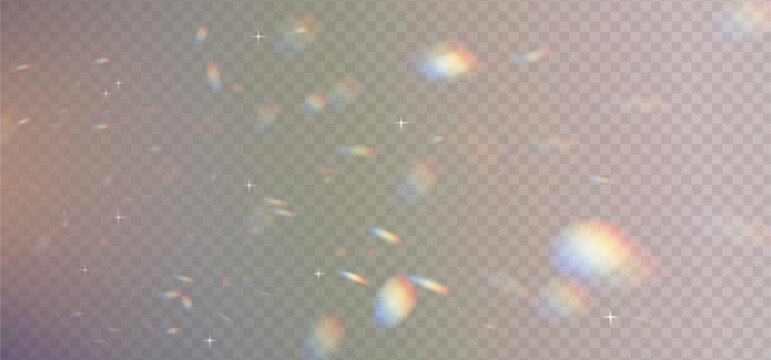 Crystal prism reflects rainbow neon light through diamond glass sparkle. PNG vector lens flare captures glitter, glare, and holographic effect. Light refractions add magical spectrum depth