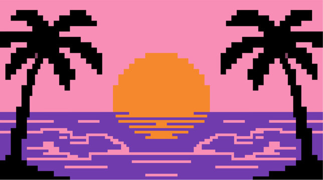 Pixel art sunset beach scene with palm trees vector illustration