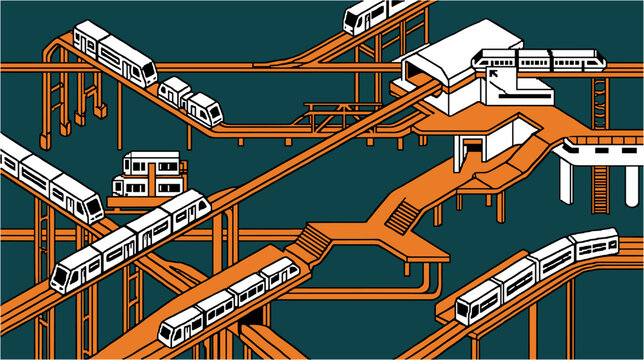 Isometric monorail train system illustration with modern urban transportation tracks