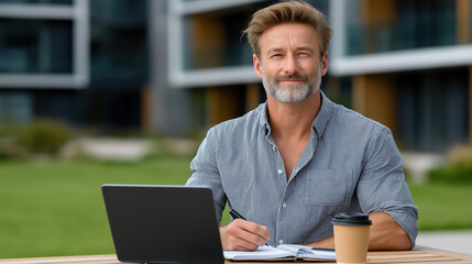 Fototapeta premium Confident freelancer working outdoors with laptop coffee and notebook for remote work productivity and business lifestyle concept