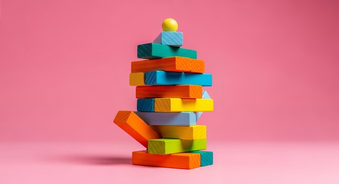 Colorful wooden blocks tower, precarious stack, kids toy, educational, playset