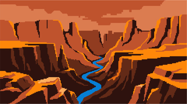 Pixel art canyon landscape with winding river vector illustration