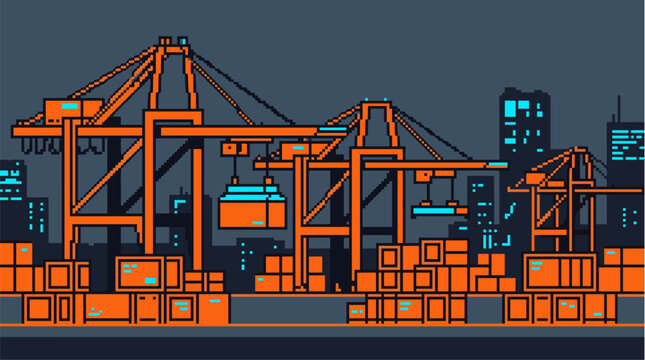 Pixel art container terminal with cranes and shipping port at night
