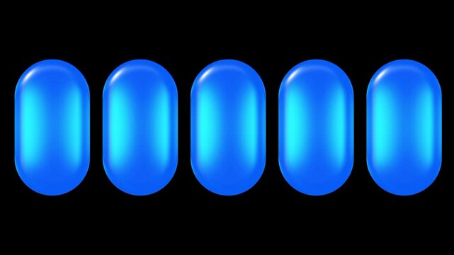 A row of bright blue shiny rounded capsule shapes are evenly spaced against a solid black background with bold gloss