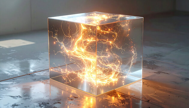 A transparent cube containing swirling, luminous orange energy patterns on a concrete surface, creating a mysterious and powerful visual.