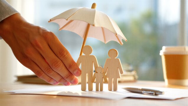 Life insurance concept showing family protection with wooden figures under umbrella on financial documents. Represents coverage, beneficiaries, income security, financial planning.