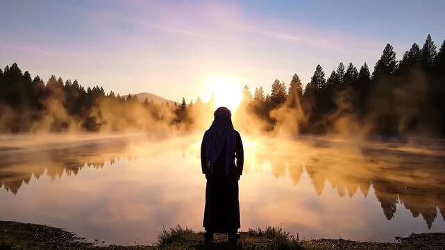 Silhouette of man in keffiyeh at misty lake during golden sunrise