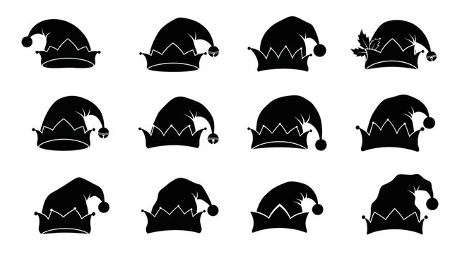 Collection of black jester hats with white outlines on plain background for design use