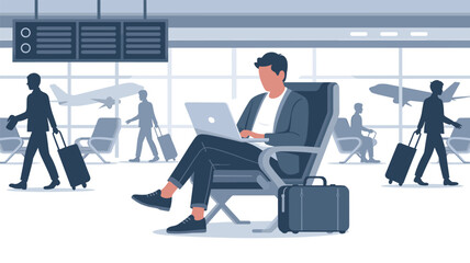 Fototapeta premium A business traveler works on his laptop computer while sitting in a comfortable chair at a busy airport terminal surrounded by people with luggage in cool tones.