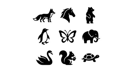 Fototapeta premium Animal Icons Set: Fox, Horse, Bear, Penguin, Butterfly, Elephant, Swan, Squirrel, Turtle