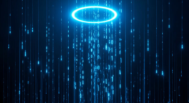 Abstract Blue Neon Ring Showering Digital Data Stream.