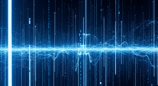 Abstract Blue Digital Data Stream with Vertical Lines and Light Trails.