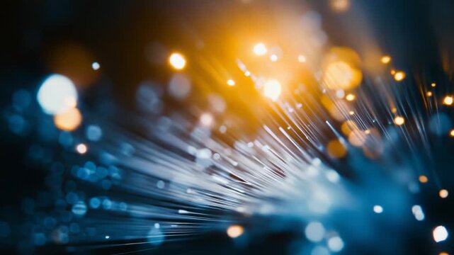 Fiber optic cables illuminate a network of light, illustrating global high speed data transfer, telecommunications, and internet technology with glowing bokeh elements