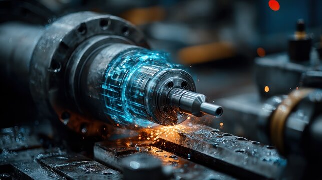 Futuristic industrial lathe with glowing digital interface and sparks flying in a dark