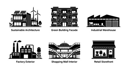 Obraz premium Modern Building Icons: Architecture, Retail, Industrial, Factory, Shopping Mall