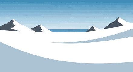 Minimalist arctic landscape with snow-covered mountains and calm ocean. © Rizal