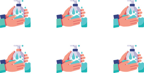Fototapeta premium Hands dispensing sanitizer in a hygienic environment with illustrations