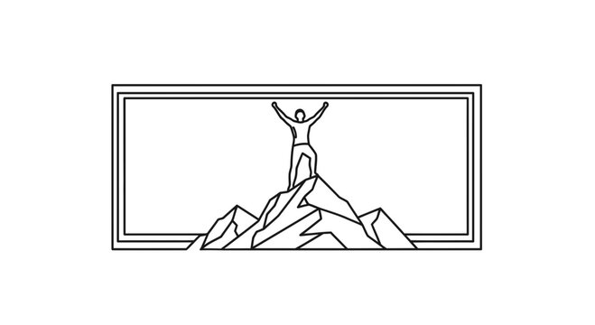 Man standing on mountain peak with arms raised, celebrating success, achievement, victory, top of the world
