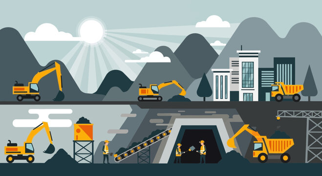 Coal mining operation with excavators, trucks, and miners in a stylized landscape.