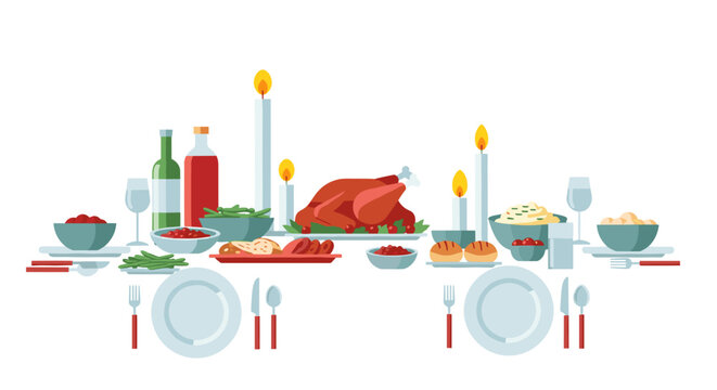 Festive Christmas Eve dinner table beautifully set with roasted turkey, candles, and elegant dinnerware against a white background