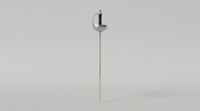 A single fencing &eacute;p&eacute;e sword standing upright on a plain white background, emphasizing its elegant and lethal design