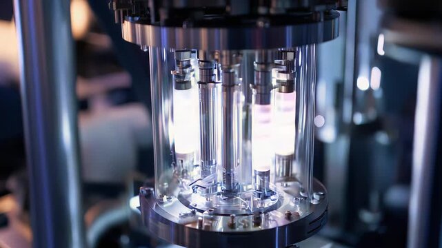 Quantum computer hardware illuminating a dark lab, with advanced technology components and glowing tubes indicating complex scientific research and computing innovation