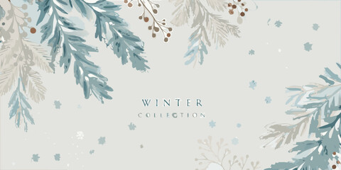 Obraz premium watercolor pine fir branches with berries in cool teal and gray tones