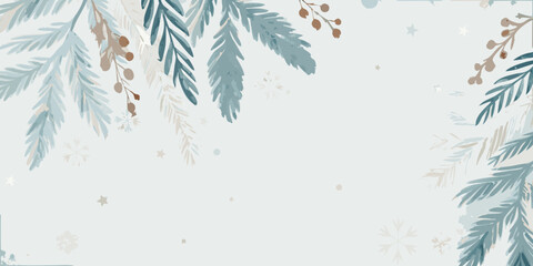 watercolor pine fir branches with berries and snowflakes on a light background © Dibyendu
