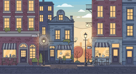 Cozy pixel art street with illuminated buildings and cafe storefronts at dusk © Rizal