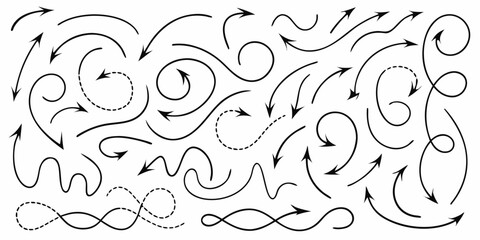 Fototapeta premium collection of black line art arrows swirling and curved on a white background