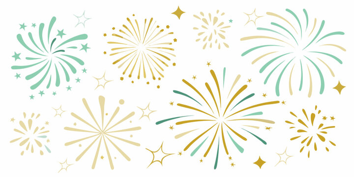 watercolor fireworks pattern in teal and gold with scattered stars on white background