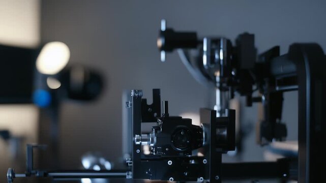 Advanced scientific optical system operating in a dark laboratory setting, measuring, analyzing, and developing new technology and engineering solutions in research and development