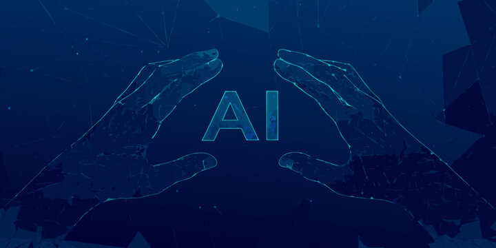 Wireframe hands holding artificial intelligence text digital network concept in blue