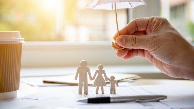 Life insurance concept showing family protection with wooden figures under umbrella on financial documents. Represents coverage, beneficiaries, income security, financial planning.