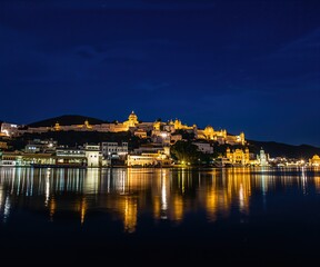 Fototapeta premium Night View of European Style Riverside Town