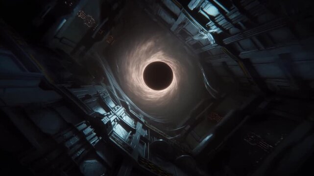 Miniature black hole singularity drive with a glowing accretion disk warping light and distorting metal structures in a dark shielded chamber concept of extreme gravity based propulsion